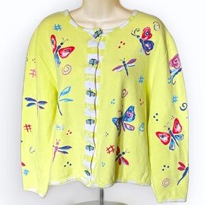 Spartelle Dragonflies & Butterflies Yellow Button Cardigan Cotton Sweater ~ M